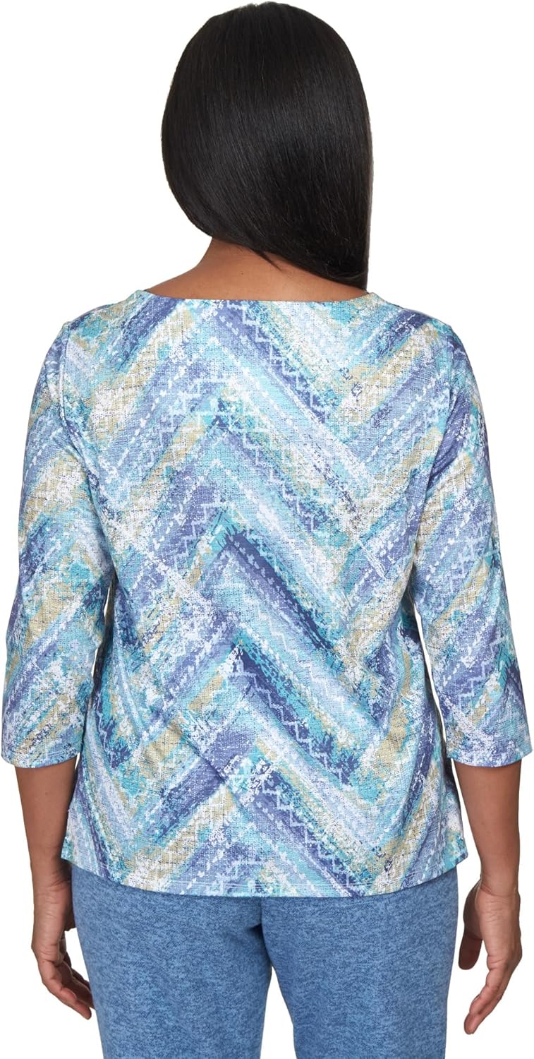 Alfred Dunner Women's Texture Chevron Lace Neck Top Size S Wedgewood