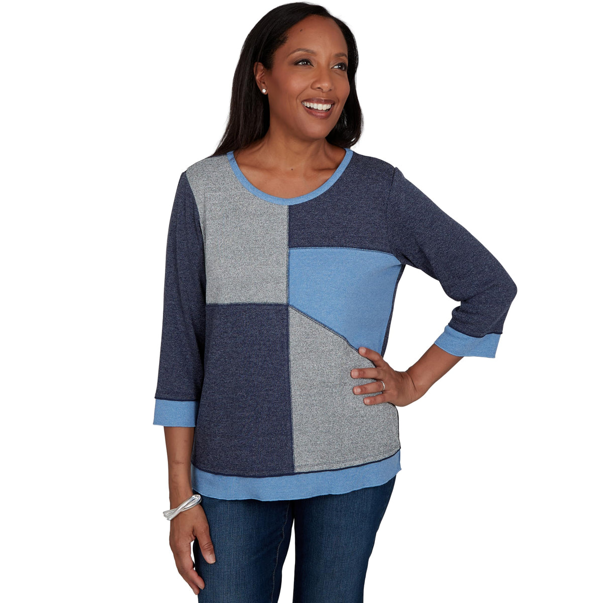 Alfred Dunner Women's Heathered Colorblock Knit Top, Denim, M