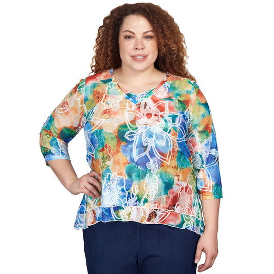 Alfred Dunner Women's Plus-Size Moody Watercolor Floral V-Neck Top