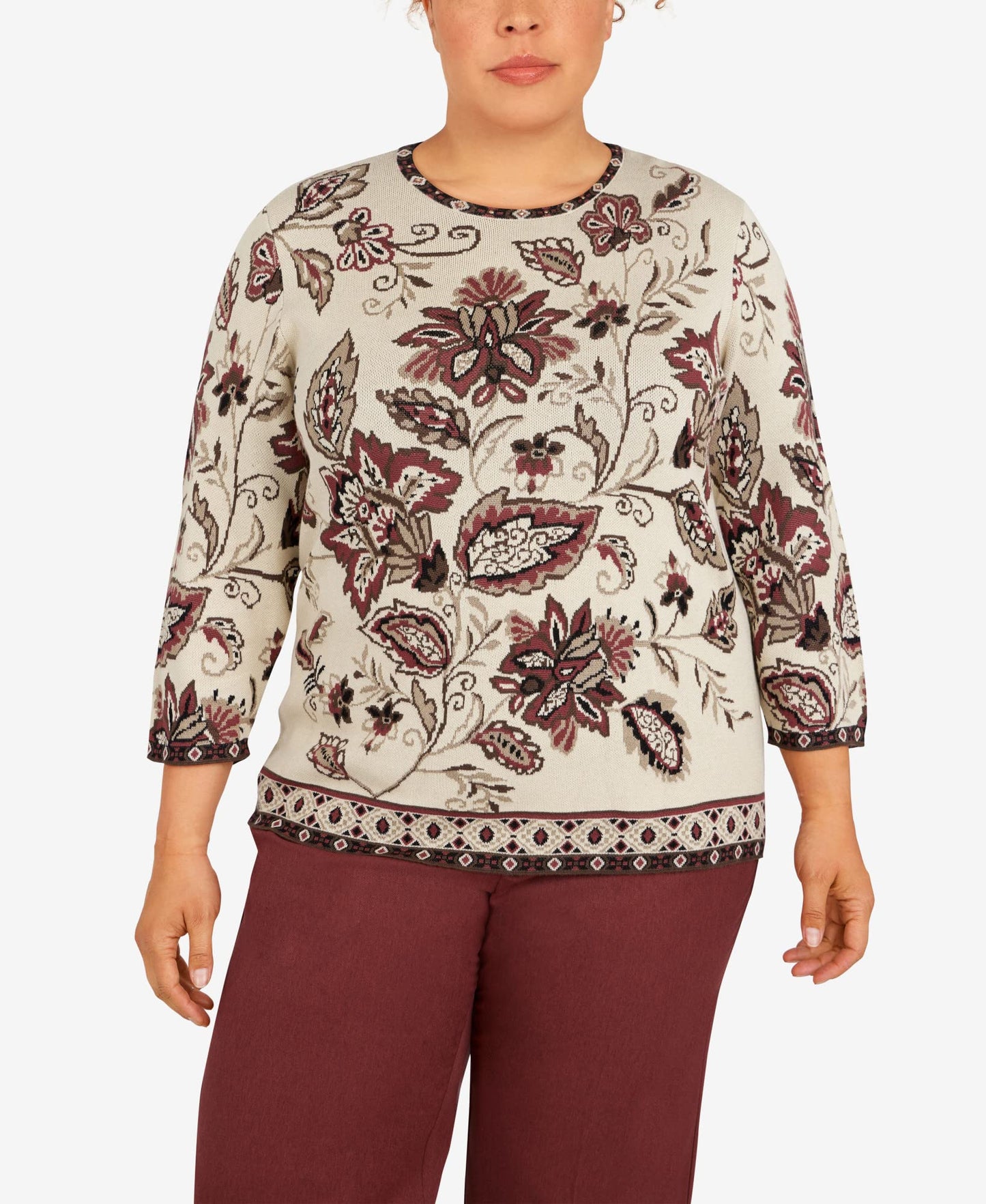 Alfred Dunner Women's Plus-Size Floral Jacquard Geometric Trim Sweater