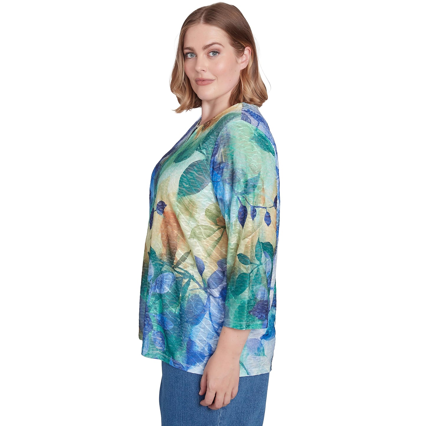 Alfred Dunner Women's Petite Watercolor Leaves Knit Top Size PS Multi Green