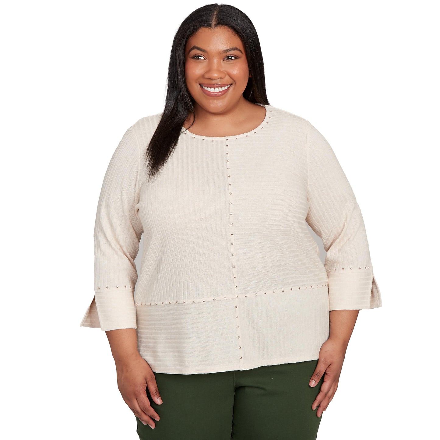 Alfred Dunner Women's Petite Heat Set Embellished Solid Top Size PL Oatmeal