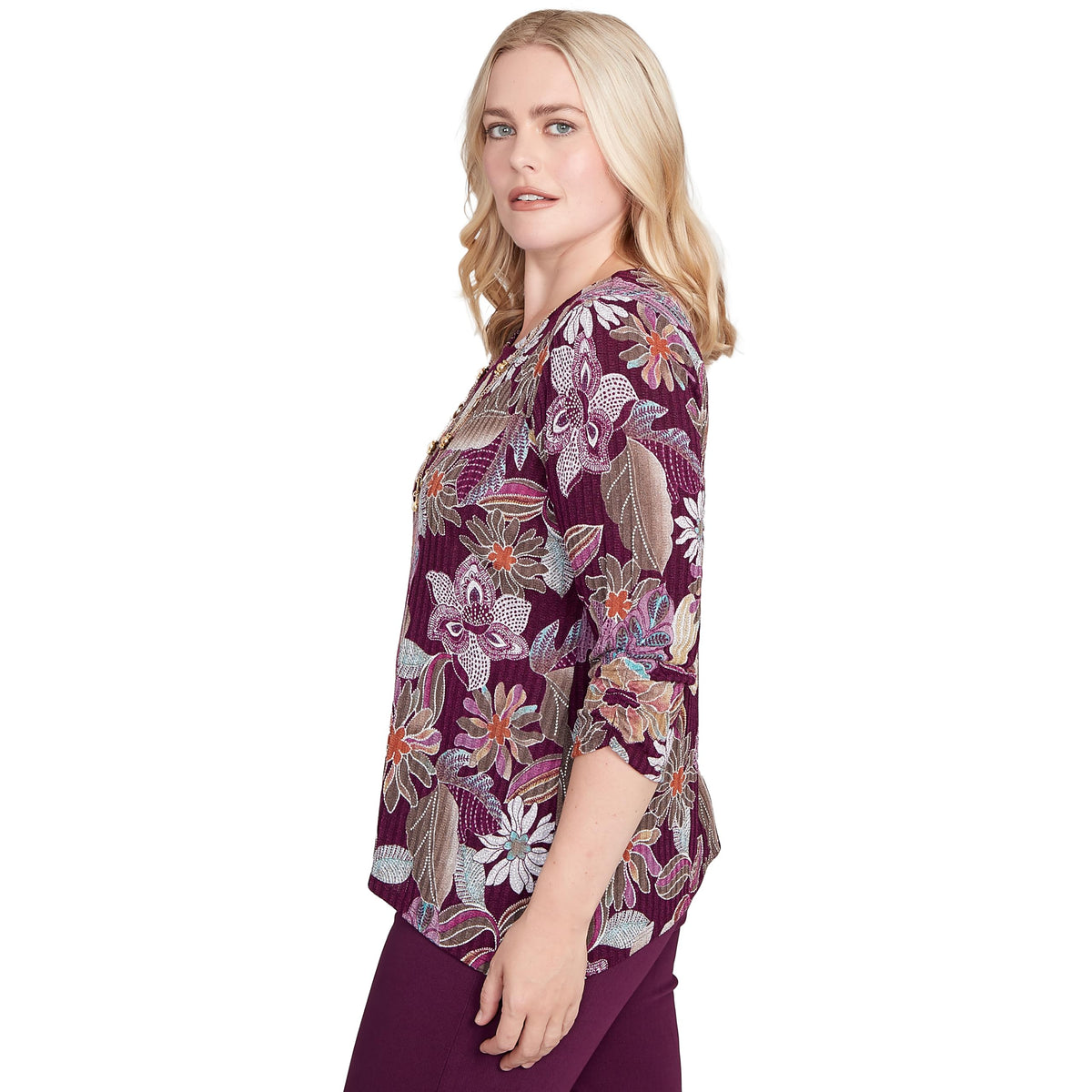 Alfred Dunner Women's Batik Floral Melange Printed Top Size XL Plum