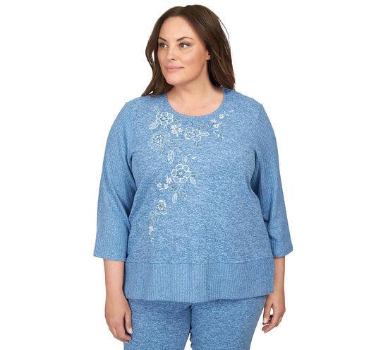 Alfred Dunner Comfort Zone Floral Embroidered with Slit Hem and Ribbed Sleeve (US, Alpha, 3X, Plus, Regular, Plus Size, Wedgewood)