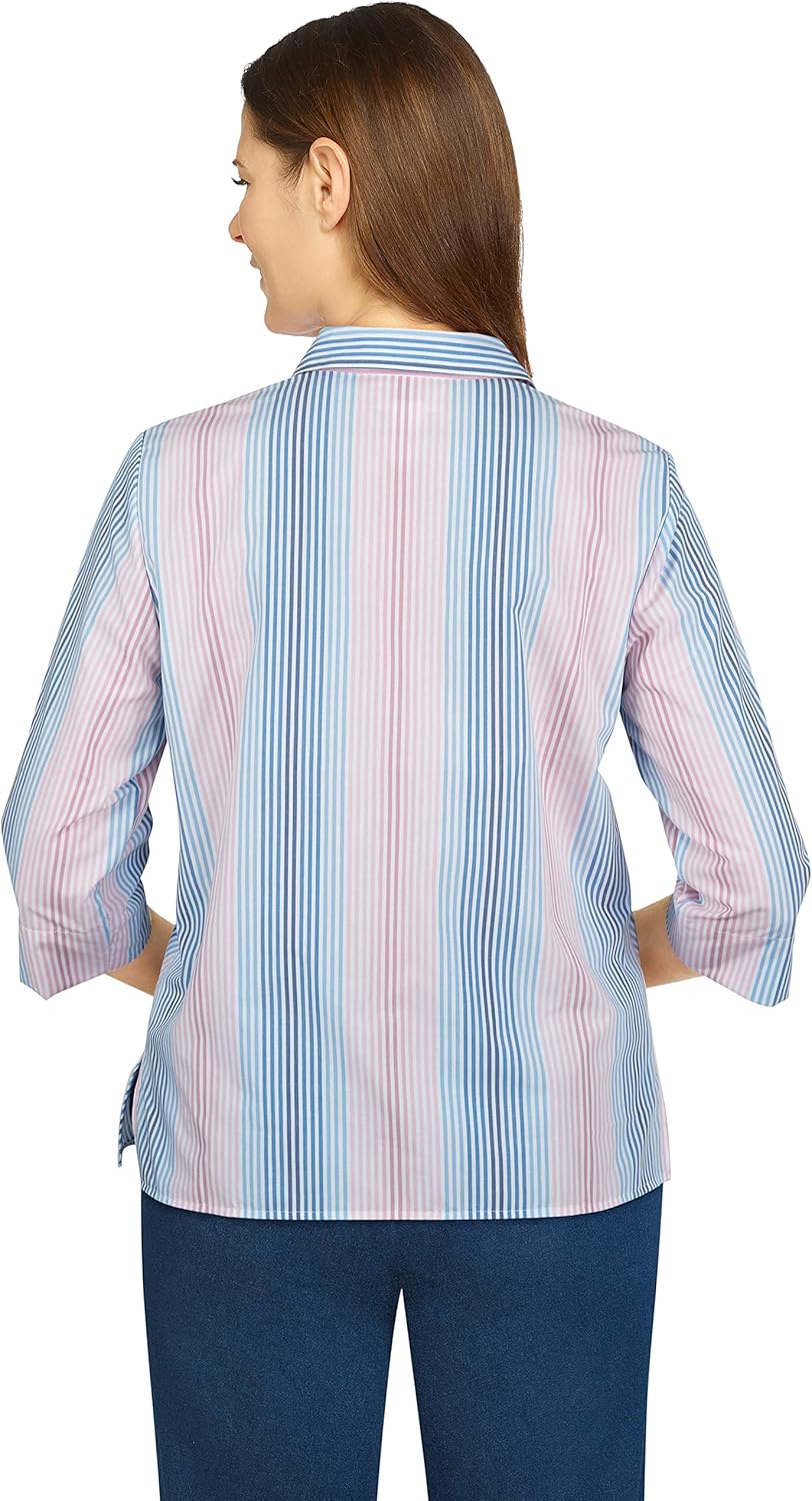 Alfred Dunner Womens Petite Mitered Stripe Print Shirt Navy/Blush Size PXL