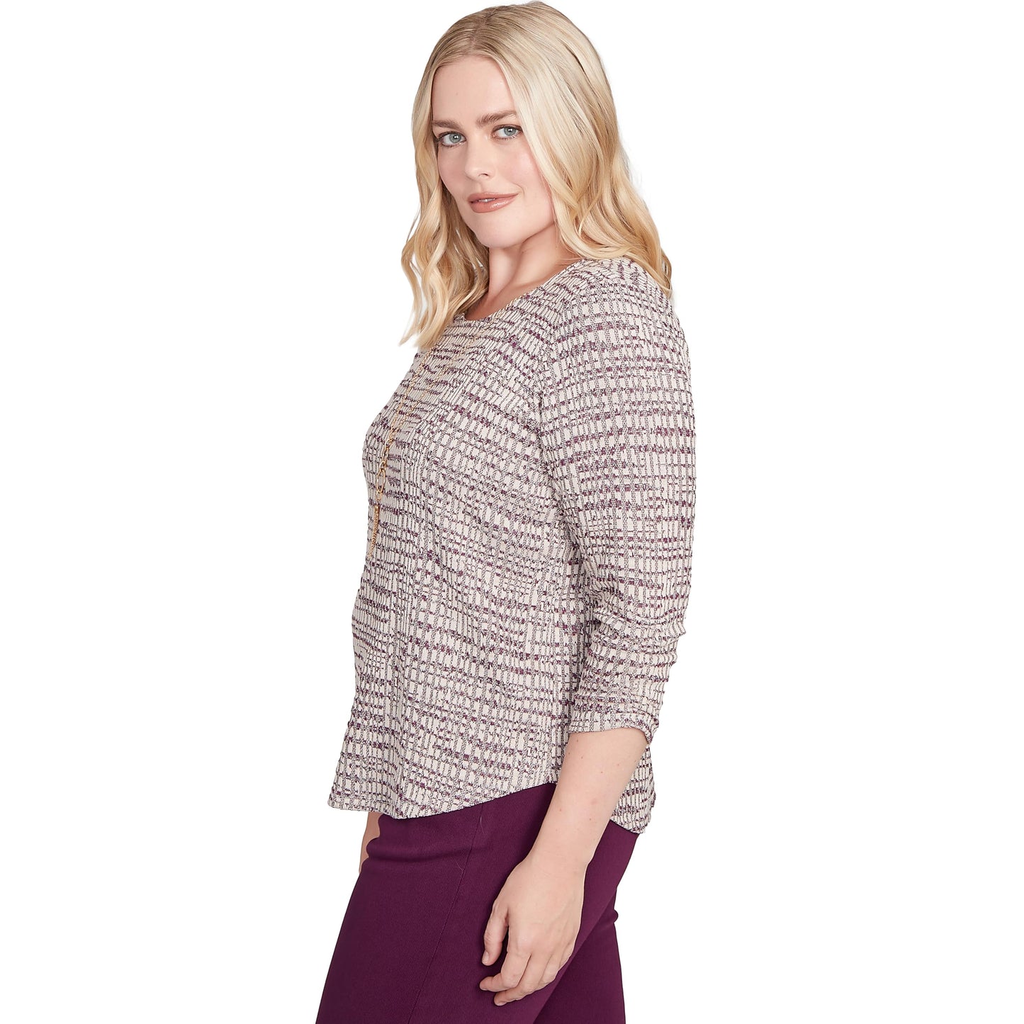 Alfred Dunner Women's Petite Textured Shimmer Space Dye Top with Necklace Size PM Plum Multi