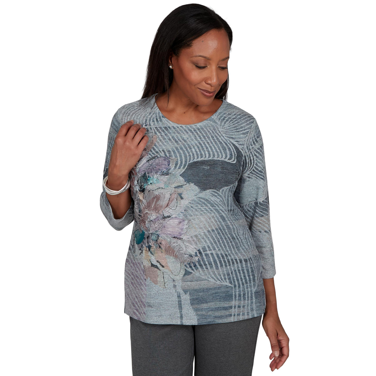Alfred Dunner Women's Ribbon Floral Textured Top, Grey, XL