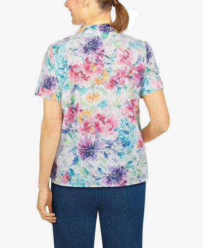 Alfred Dunner Womens Petite Floral Print Burnout Shirt, Multi, PXL