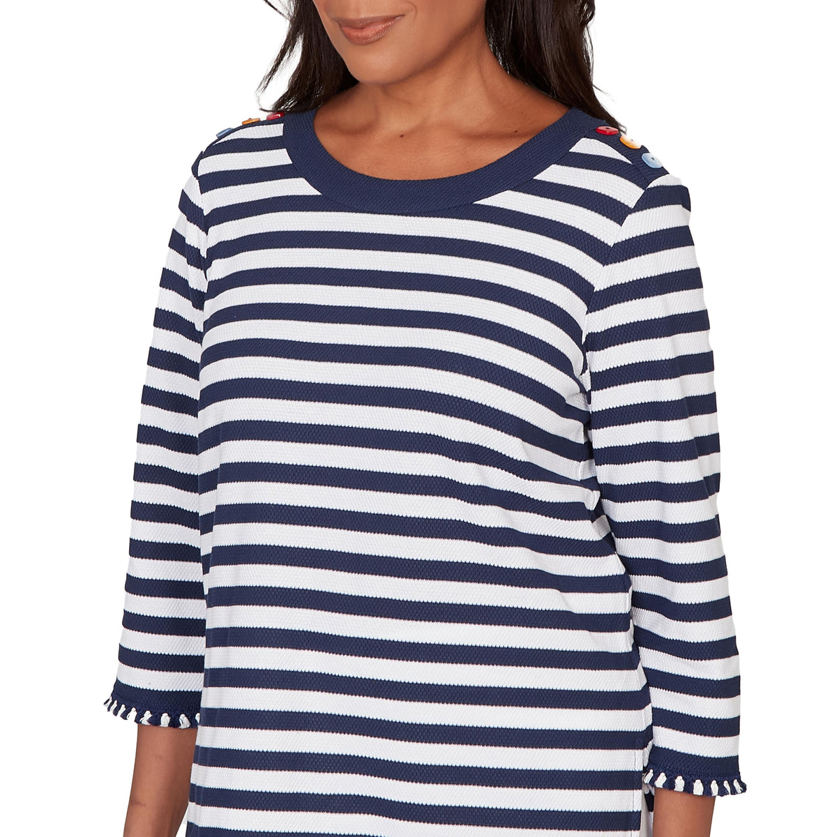Alfred Dunner Women's Pique Stripe Button Detail Top