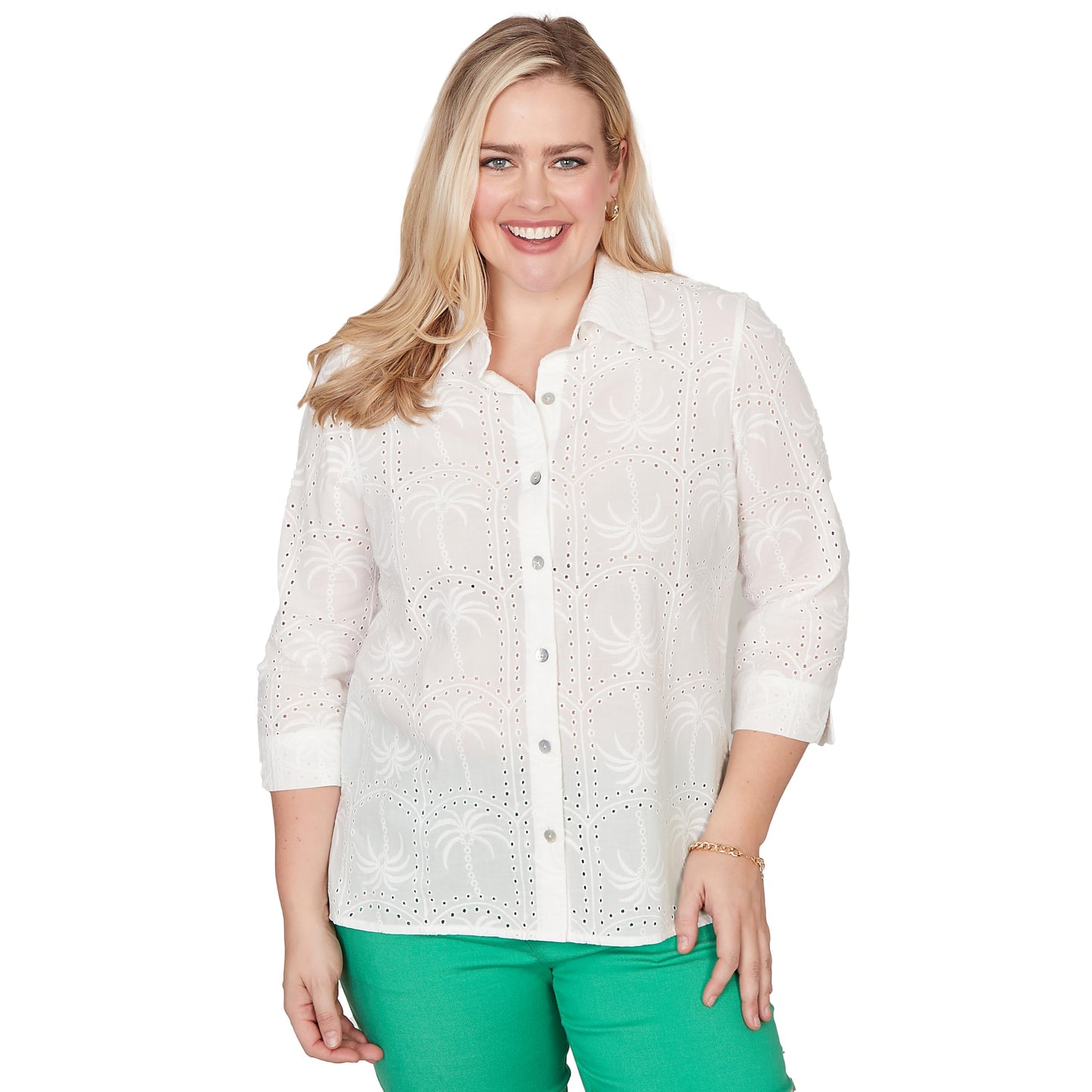 Alfred Dunner Women's Eyelet Palm Tree Button Front Top