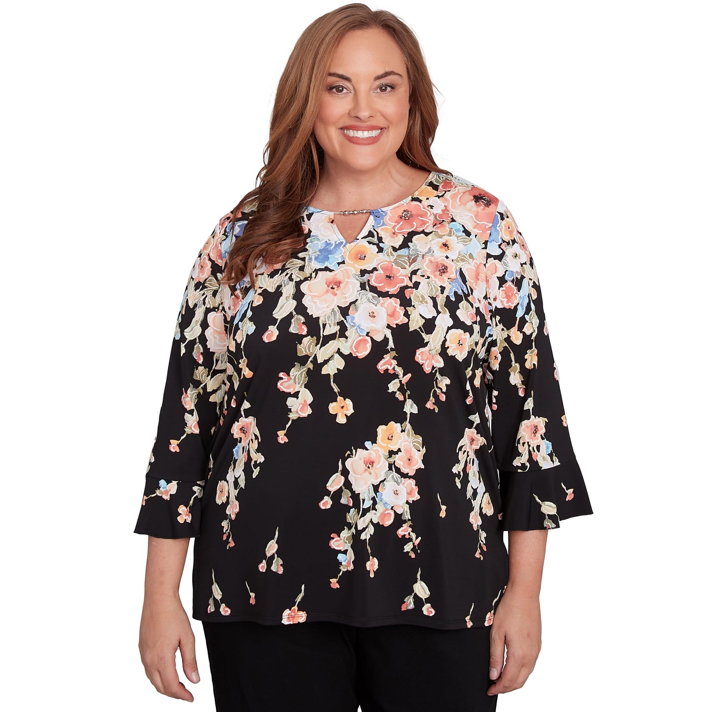 Falling Flower Beaded Split Neck Top