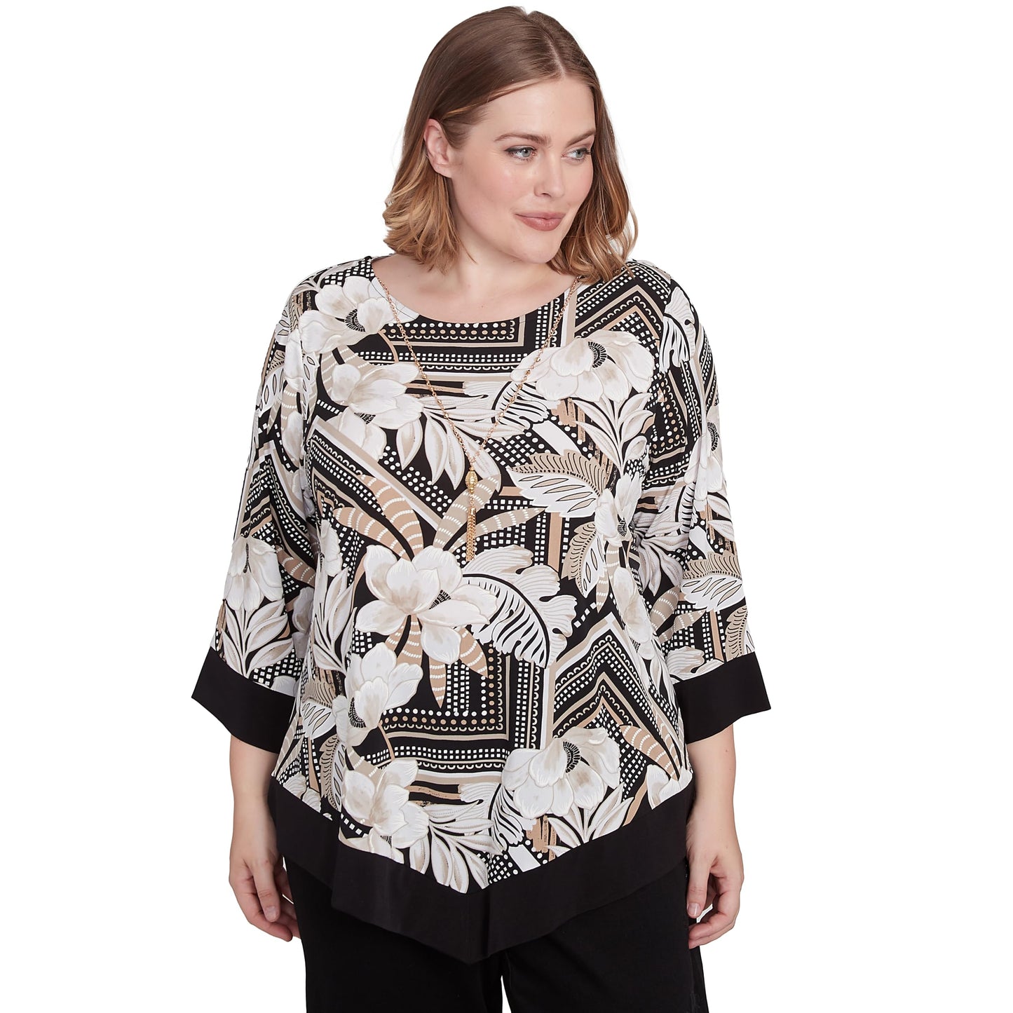 Alfred Dunner Women's Petite Floral Geometric Crewneck Top with Necklace Size PL Neutral Multi