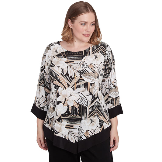 Alfred Dunner Women's Petite Floral Geometric Crewneck Top with Necklace Size PL Neutral Multi