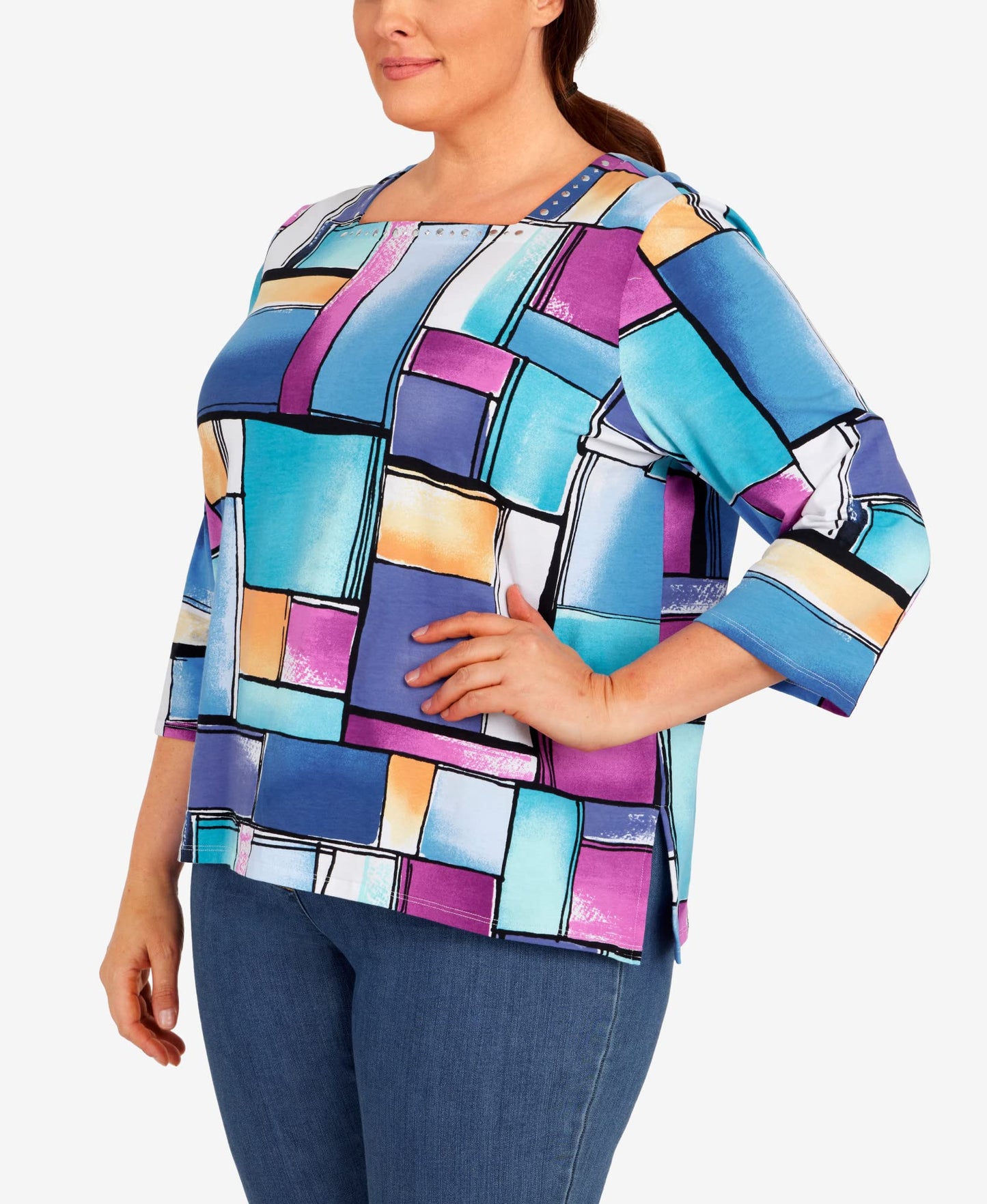 Alfred Dunner Women's Plus-Size Colorblock Square Neck Top