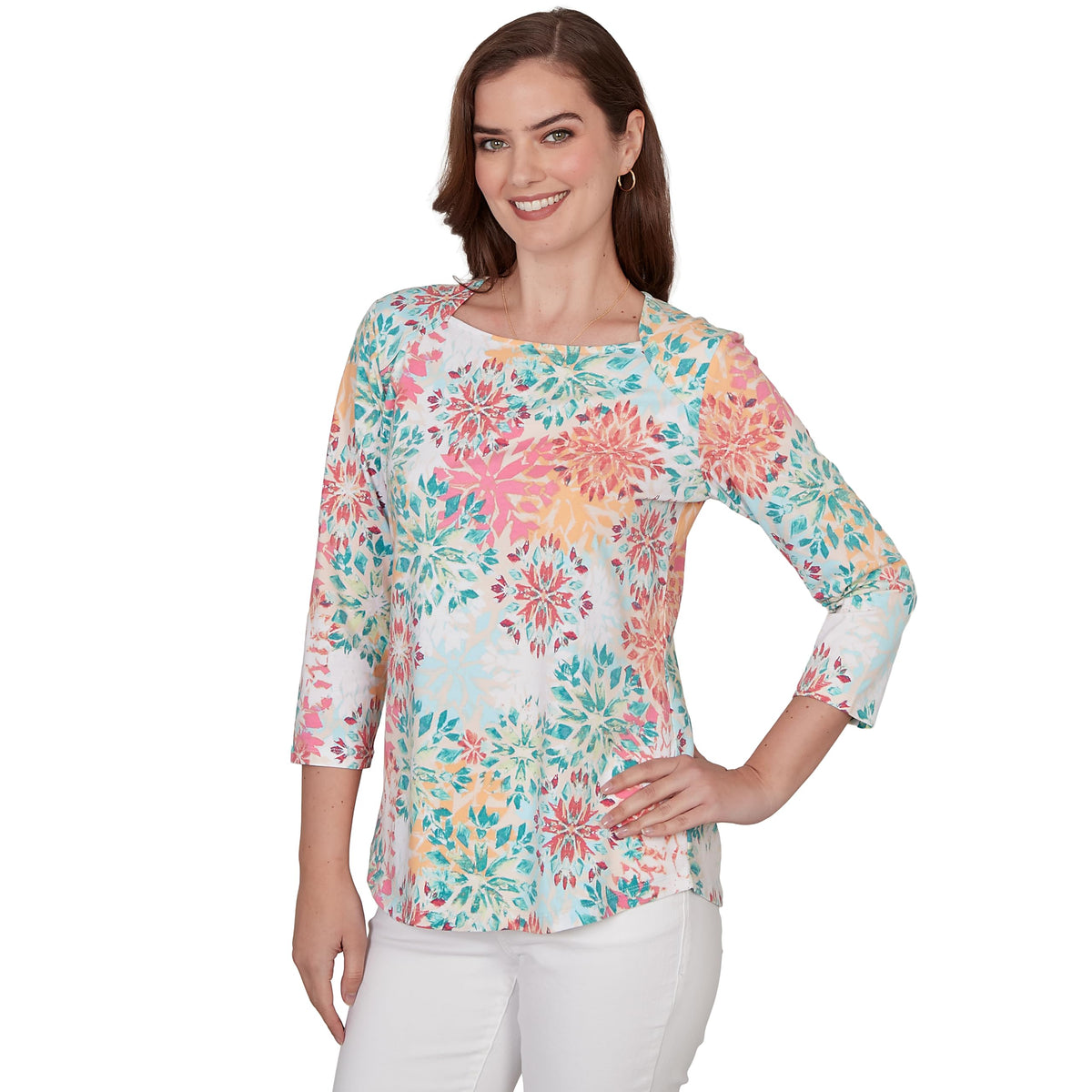 Ruby Rd. Women's Floral Medallion Envelope Neck Knit Top Size M Cotton Candy Multi