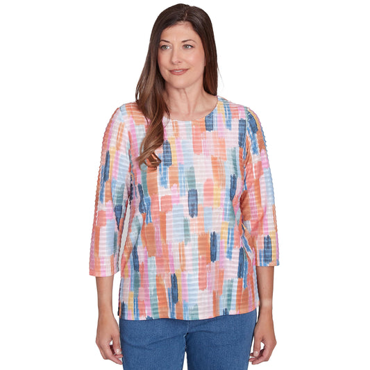 Alfred Dunner Free Spririt Brushstrokes Mini Ruffles All Polyester Tops (US, Alpha, Medium, Regular, Regular, Standard, Coral)