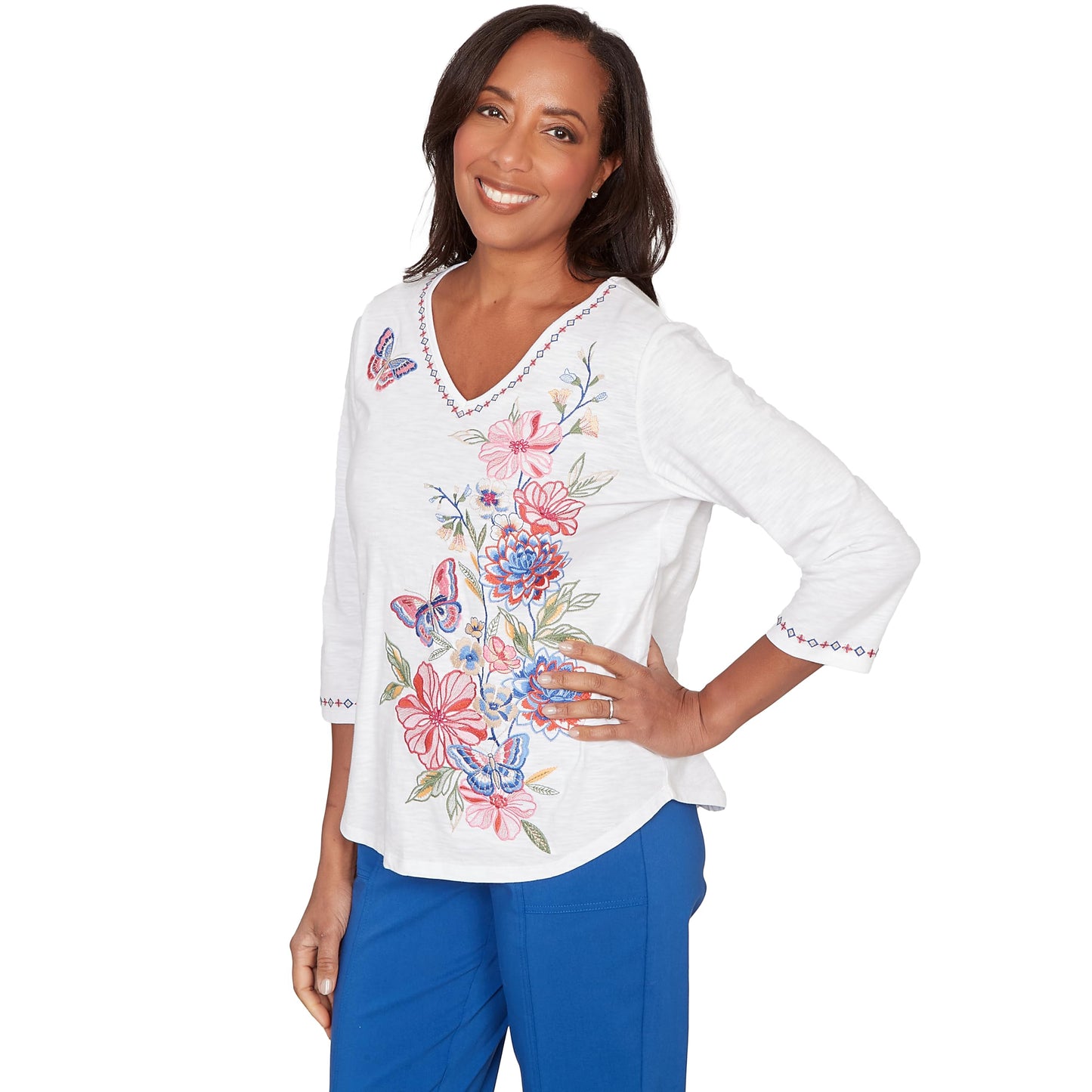 Alfred Dunner Women's Floral Butterfly Embroidered V Neck Top
