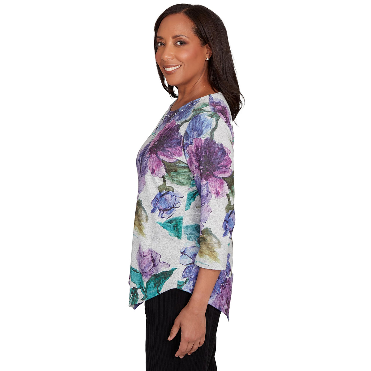 Alfred Dunner Women's Asymmetrical Watercolor Flower Top Size M Purple Multi