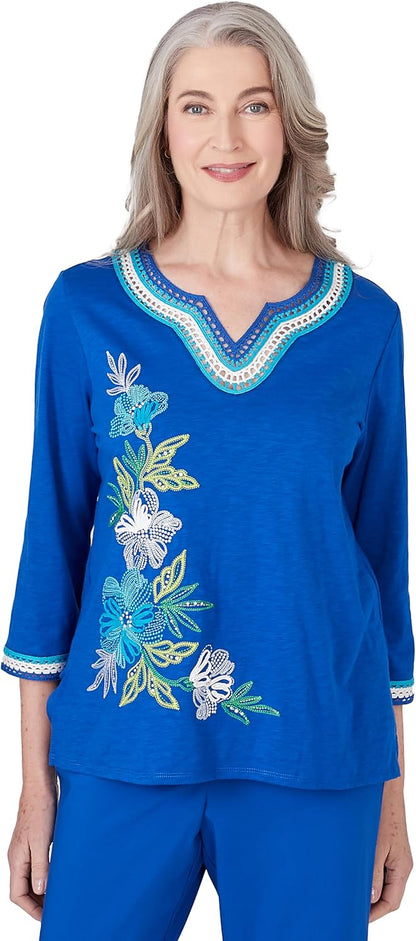 Alfred Dunner Tradewinds Cobalt Color Top Embroidered (US, Alpha, 2X, Plus, Regular, Cobalt)