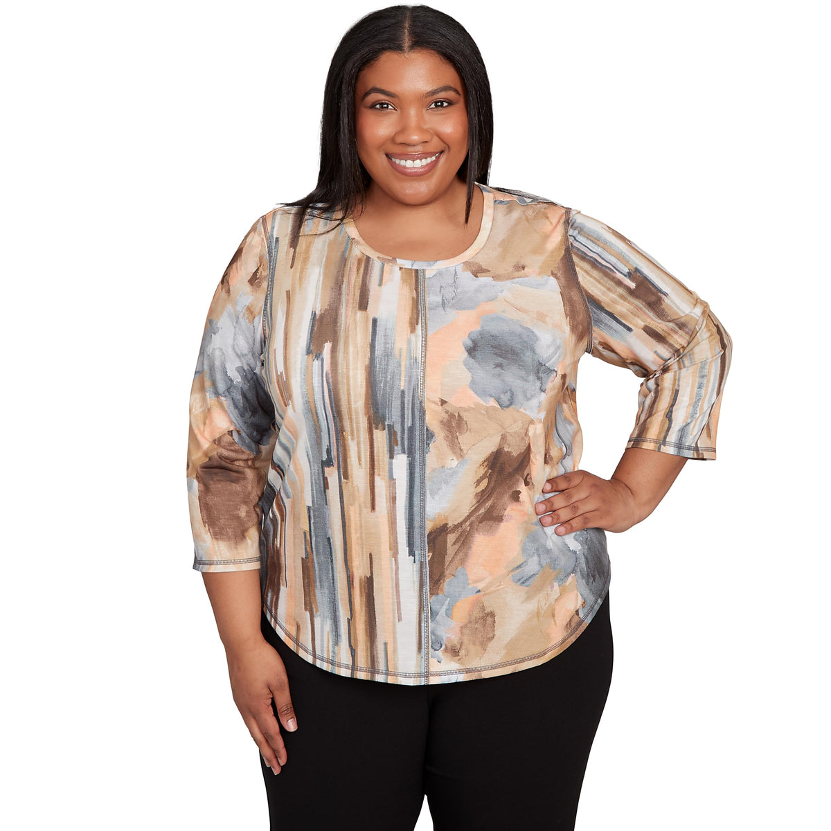 Alfred Dunner Women's Petite Spliced Floral Stripe Top Size PS Neutral