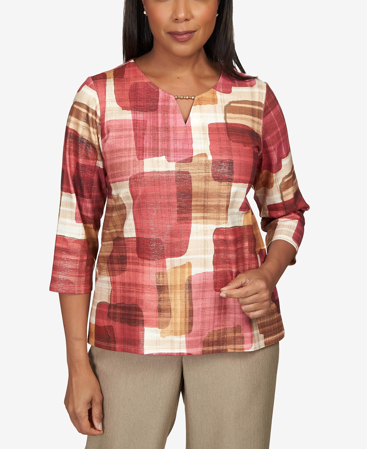 Alfred Dunner Women's Petite Texture Colorblock Split Neck Top Size PS Multi