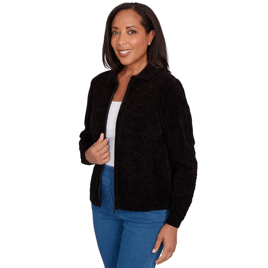 Alfred Dunner Chenille Zip Front Cardigan (US, Alpha, Medium, Regular, Regular, Standard, Black)