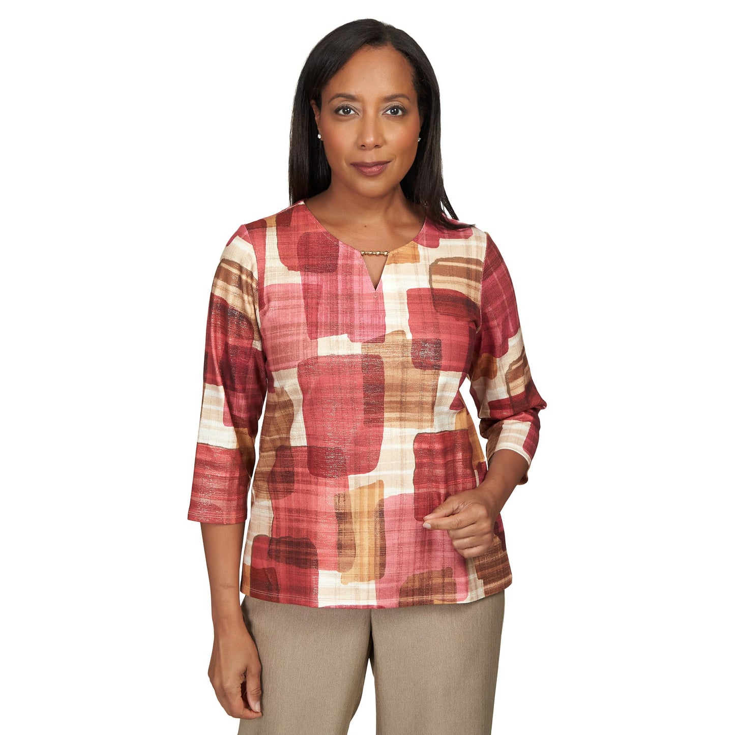 Alfred Dunner Women's Petite Texture Colorblock Split Neck Top Size PS Multi