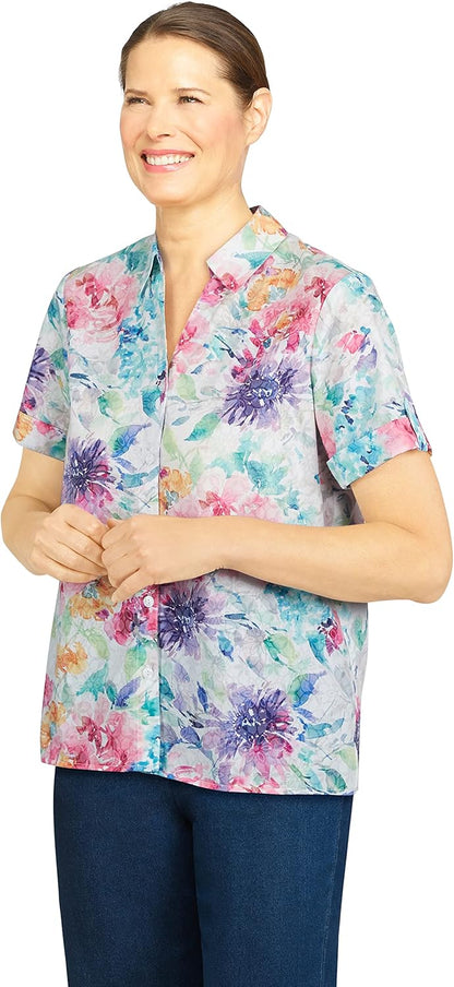 Alfred Dunner Womens Petite Floral Print Burnout Shirt, Multi, PXL