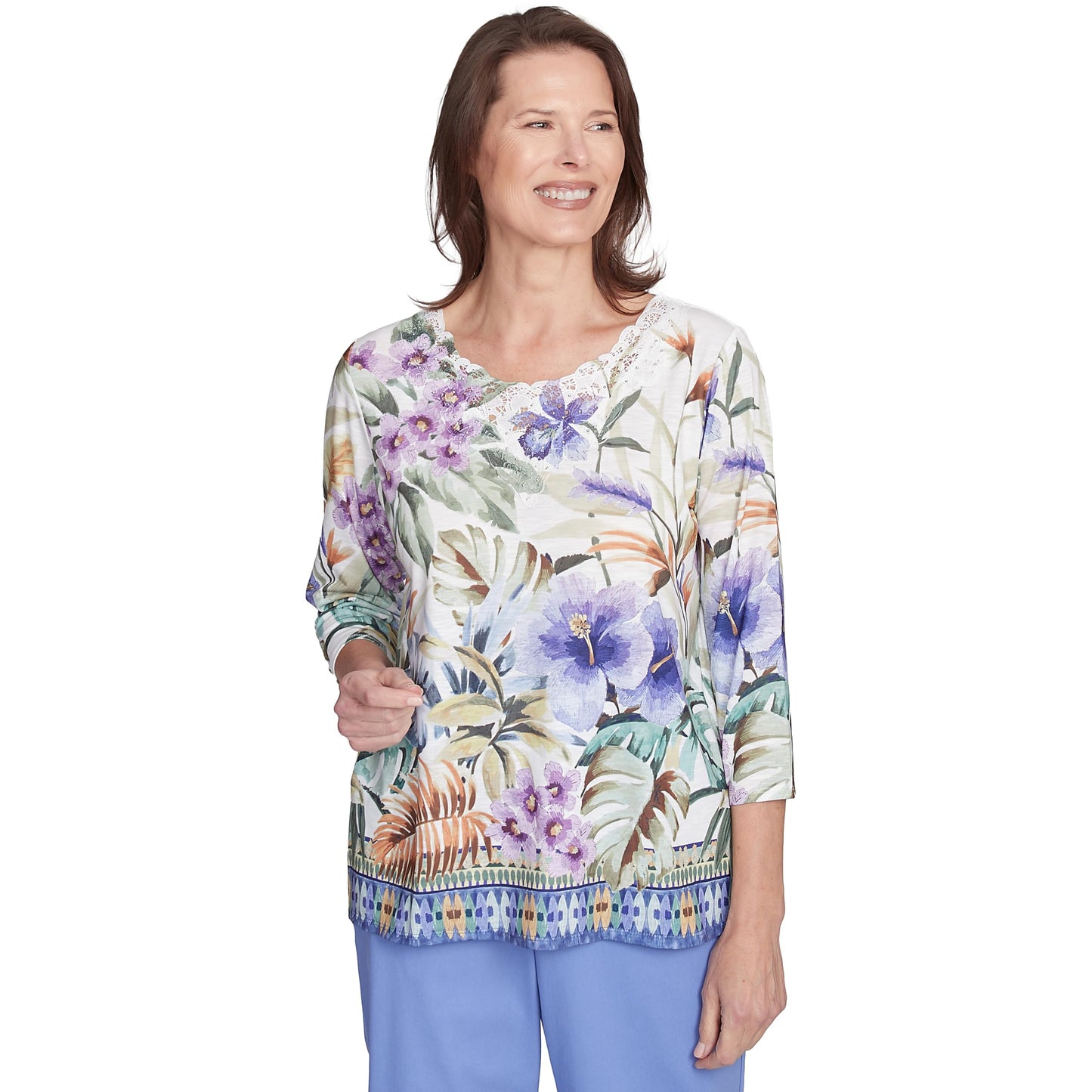 Alfred Dunner Tropical Border Polyester Top (US, Alpha, X-Large, Regular, Petite, Petite, Multi)