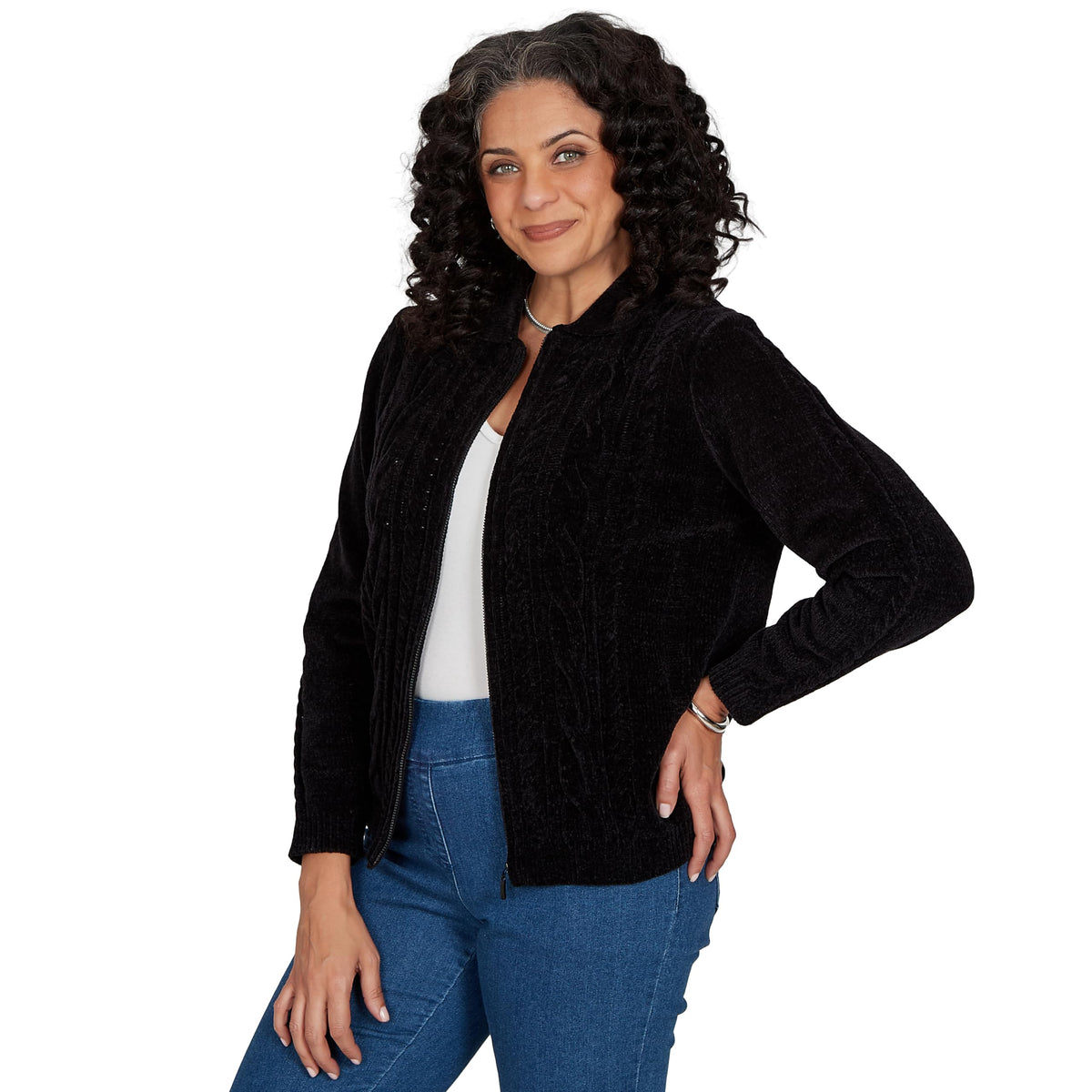 Alfred Dunner Women's Cable Chenille Zip Cardigan Sweater, Black, L