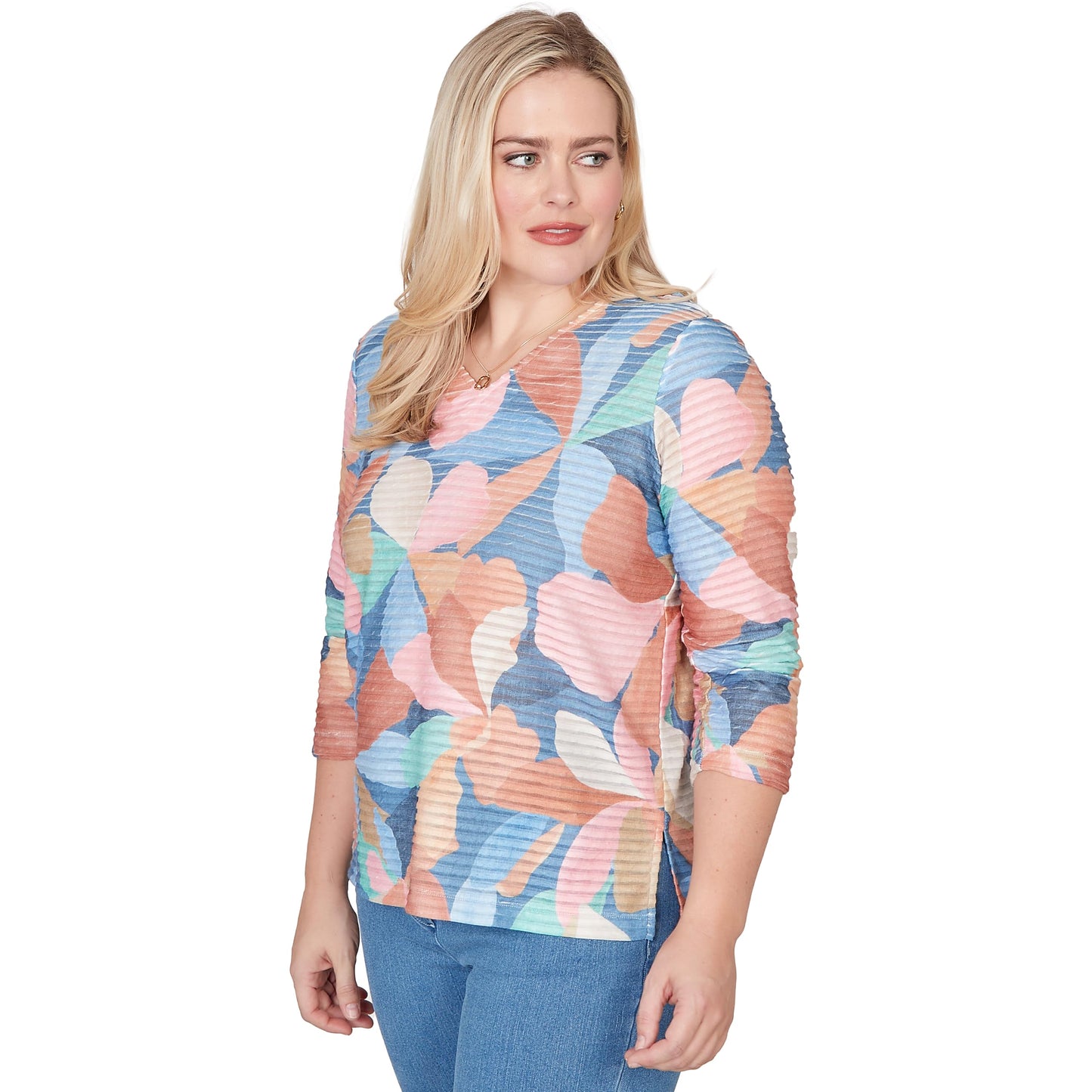 Alfred Dunner Women's Abstract Floral V Neck Top, Size L, Blue Multi