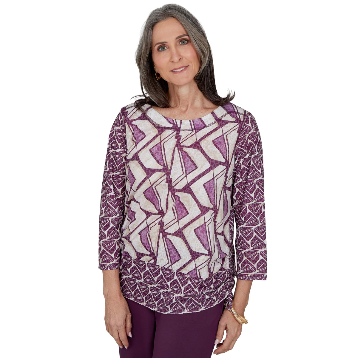 Alfred Dunner Women's Geo Twin Print Knit Top, Plum, M