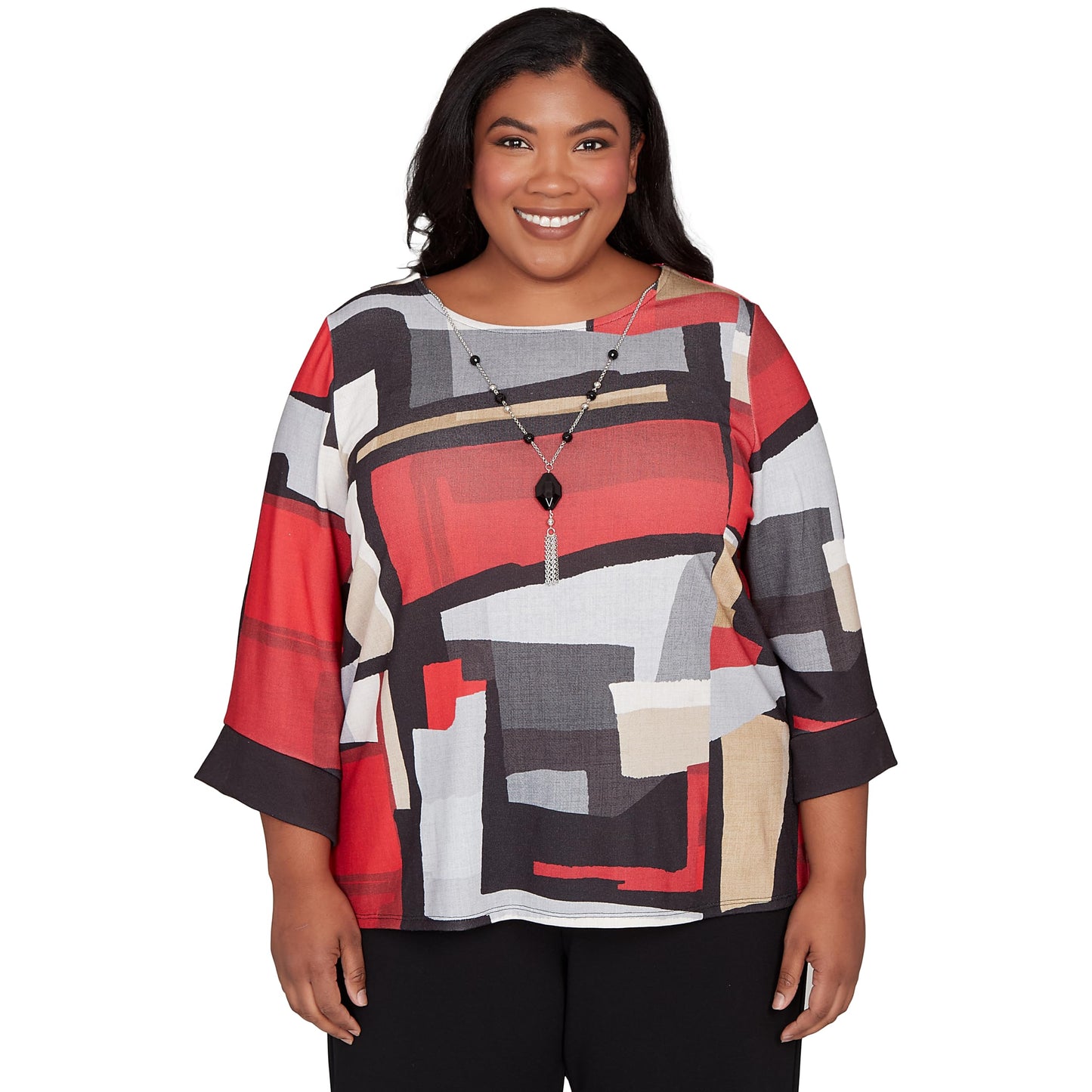 Alfred Dunner Women's Plus-Size Knit Colorblock Top with Necklace, Size 3X, Red Multi