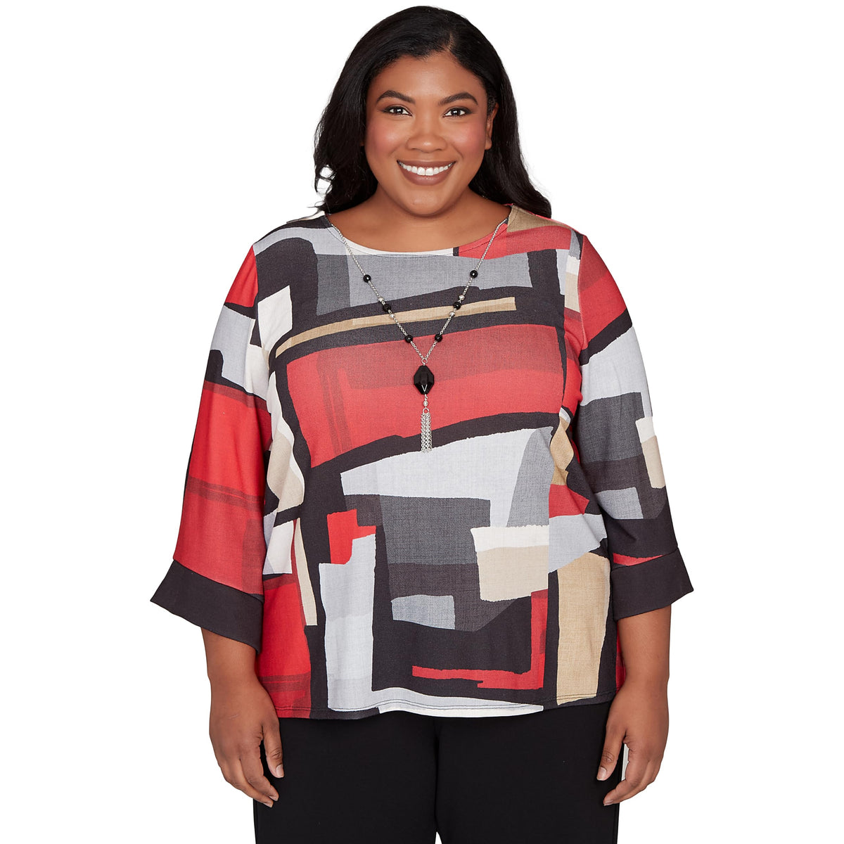 Alfred Dunner Women's Plus-Size Knit Colorblock Top with Necklace, Size 1X, Red Multi