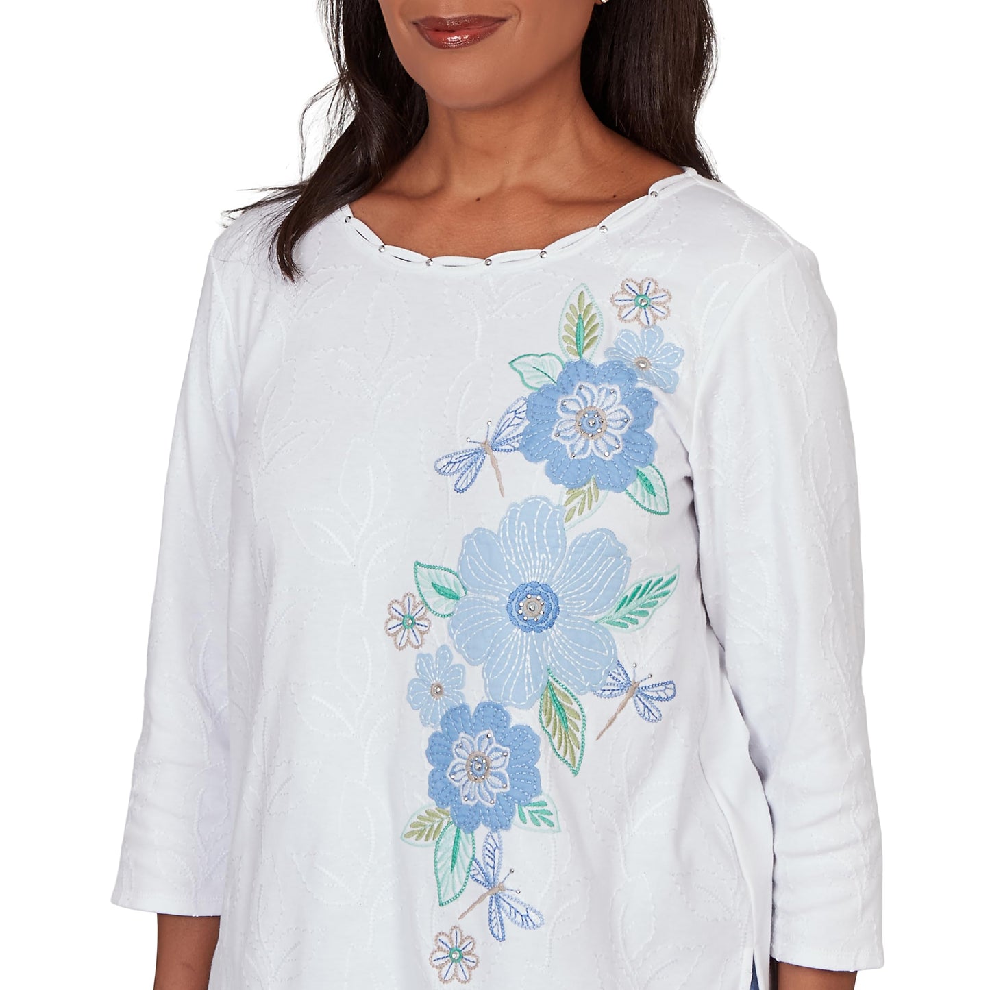 Alfred Dunner Women's Embroidered Dragonfly Floral Top