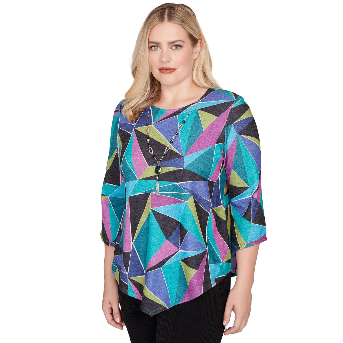 Alfred Dunner Women's Abstract Stained Glass Top with Necklace Size S Black Multi