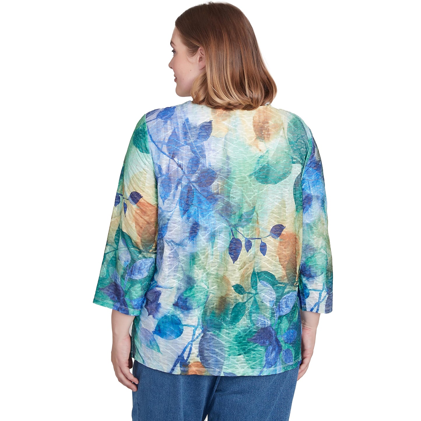 Alfred Dunner Women's Petite Watercolor Leaves Knit Top Size PS Multi Green