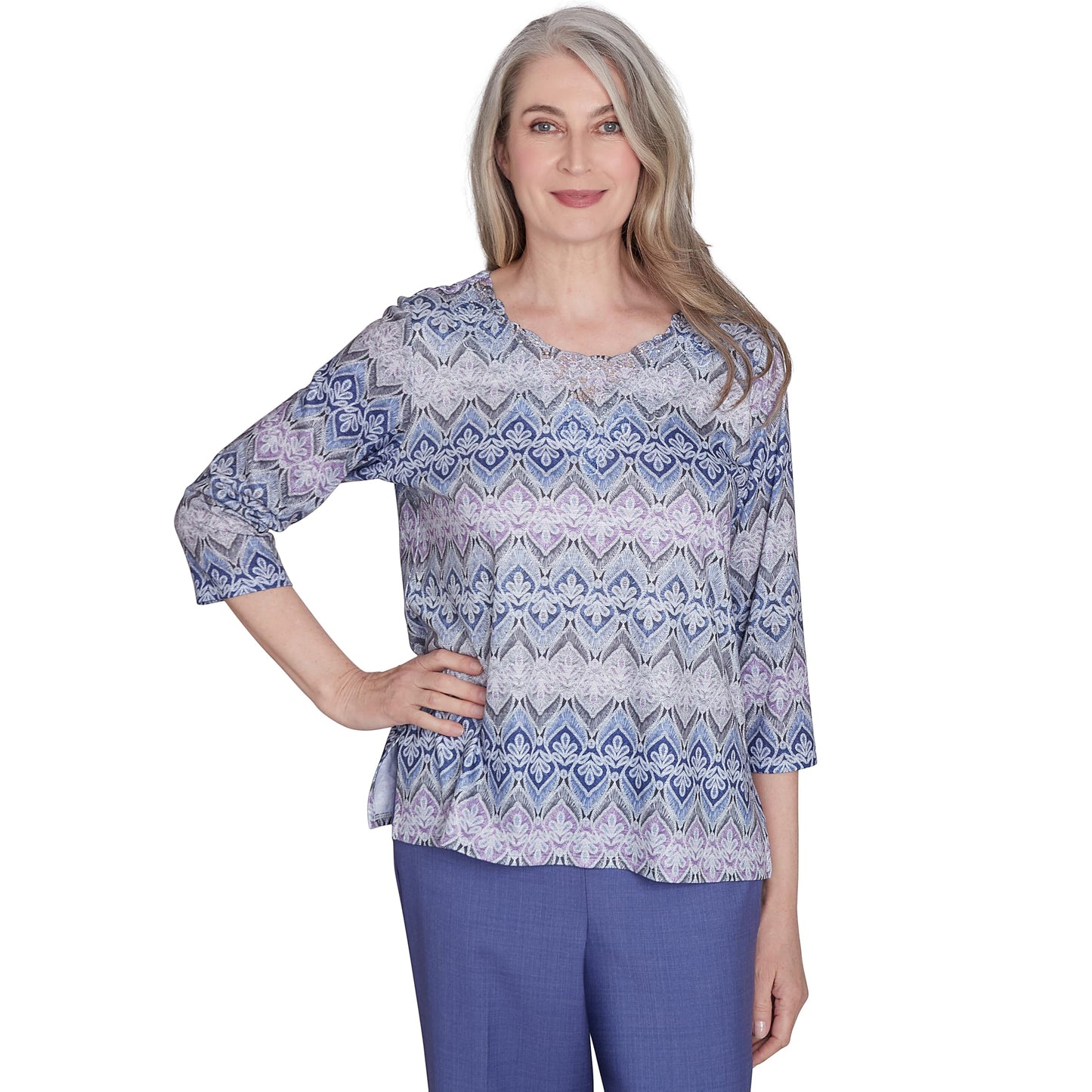 Alfred Dunner Worth Avenue Multicolored Polyester Top (US, Alpha, Large, Regular, Regular, Standard, Grey)