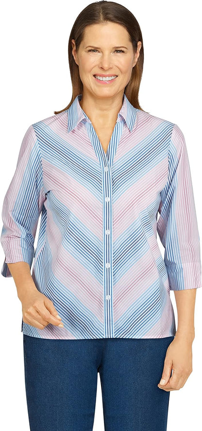 Alfred Dunner Womens Petite Mitered Stripe Print Shirt Navy/Blush Size PM