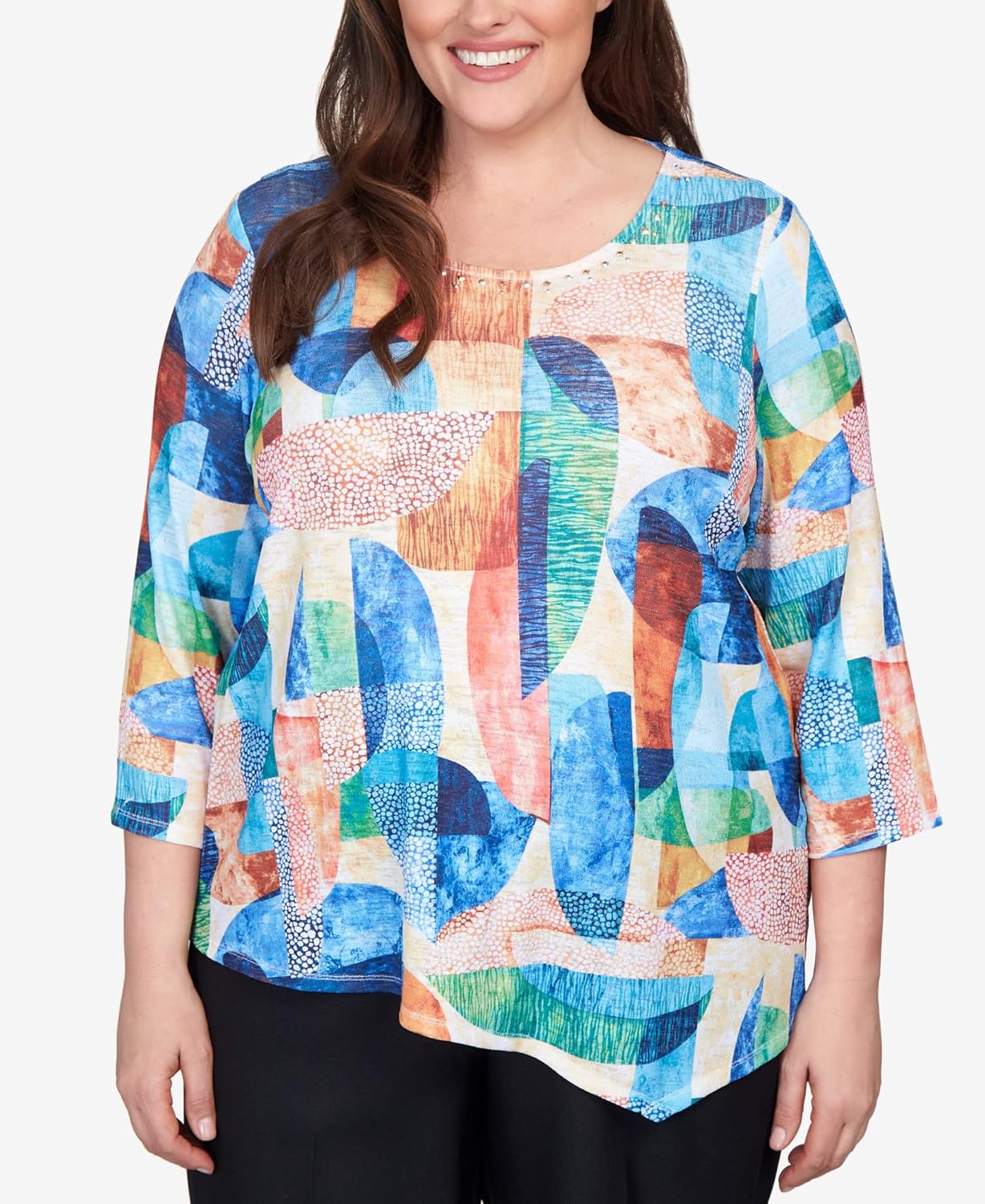 Alfred Dunner Women's Plus-Size Geometric Stained Glass Asymmetric Top Size 3X Multi