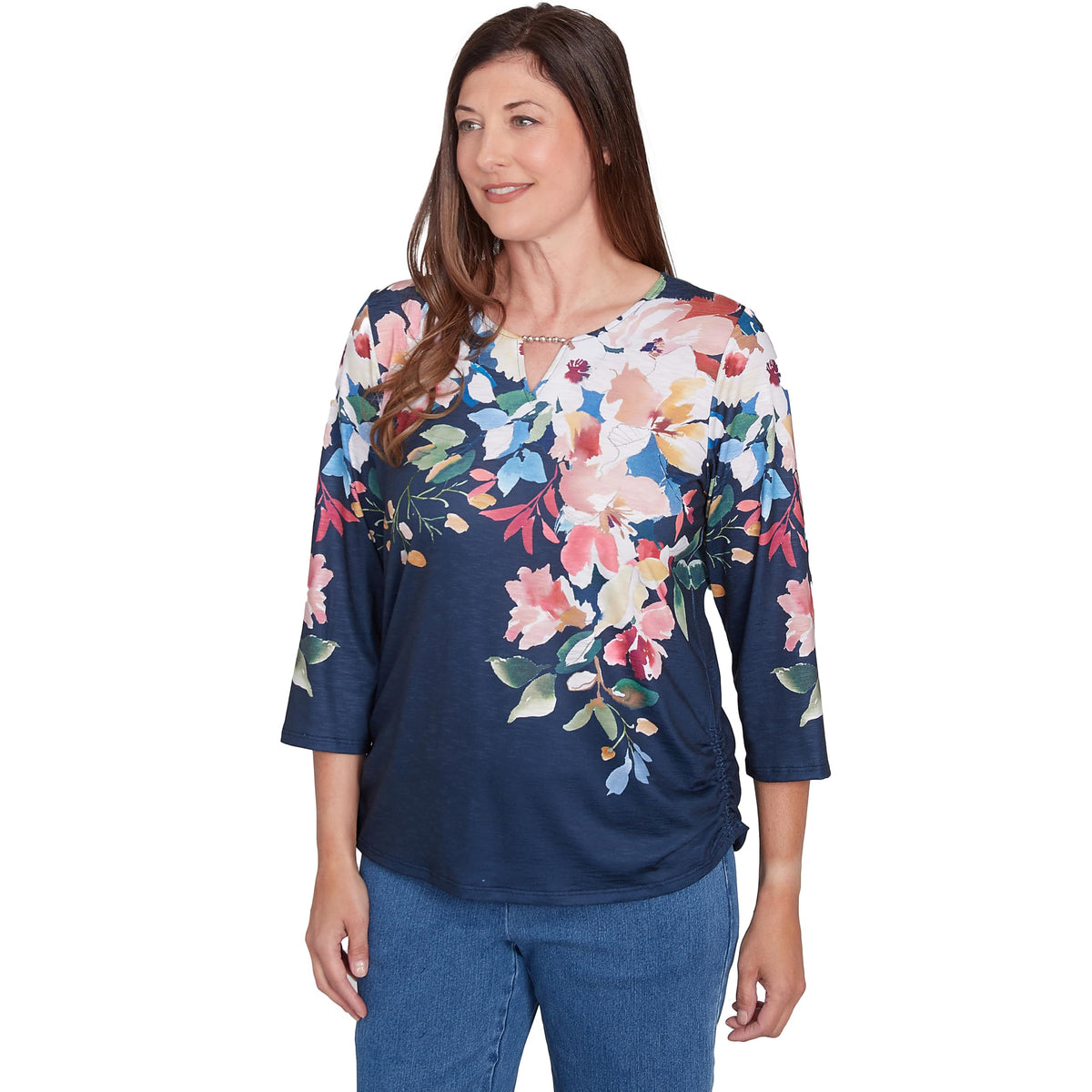 Alfred Dunner Free Spirit Placed Yoke Floral Polyester Top (US, Alpha, X-Large, Regular, Regular, Standard, Navy)