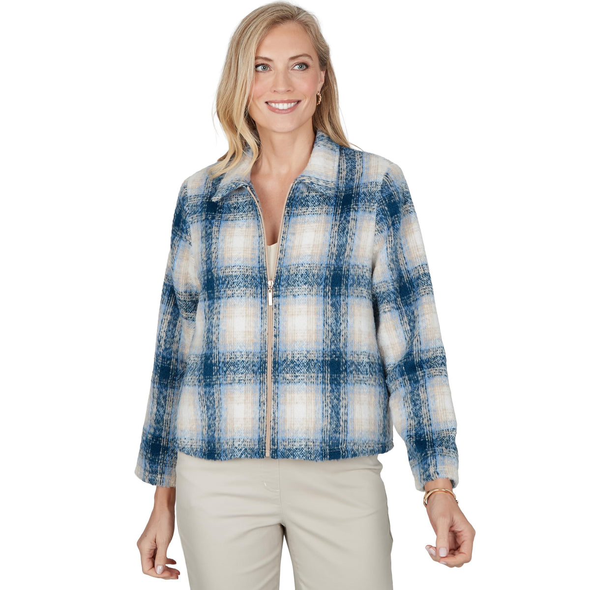 Alfred Dunner Women's Plaid Texture Zip Jacket, Blue, L