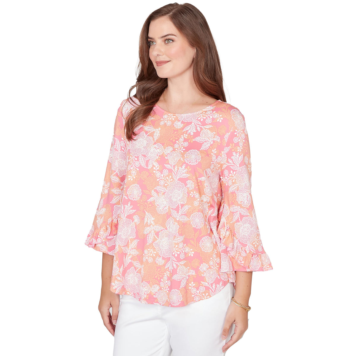 Ruby Rd. Women's Floral Puff Print Ruffle Knit Top, Cotton Candy Multi, S