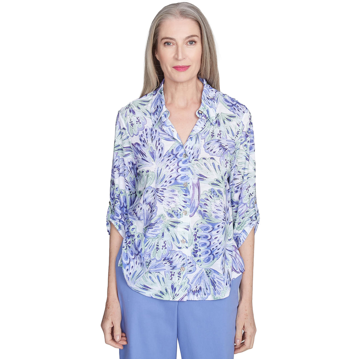 Alfred Dunner Butterflies Knit Shirt Polyester (US, Alpha, Medium, Regular, Regular, Standard, Multi)