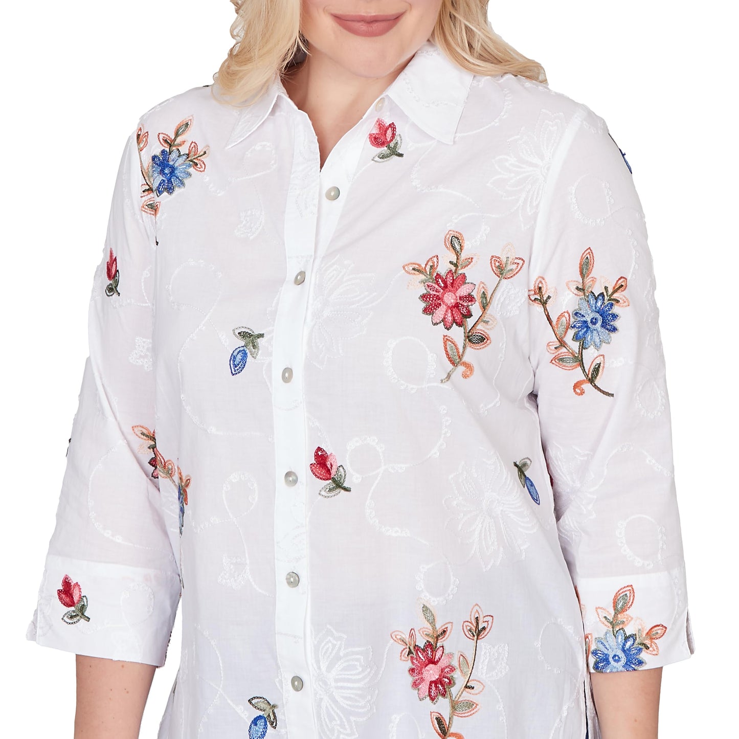 Alfred Dunner Women's Embroidered Flower Collared Button Front Top