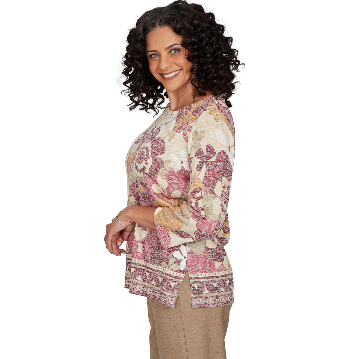 Alfred Dunner Women's Exploded Floral Geo Border Top, Tan, L