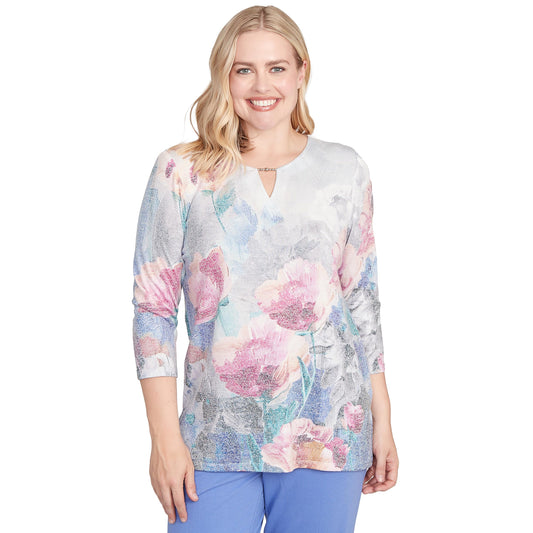 Alfred Dunner Women's Floral Brushstroke Beaded Split Neck Top Size M Grey Multi