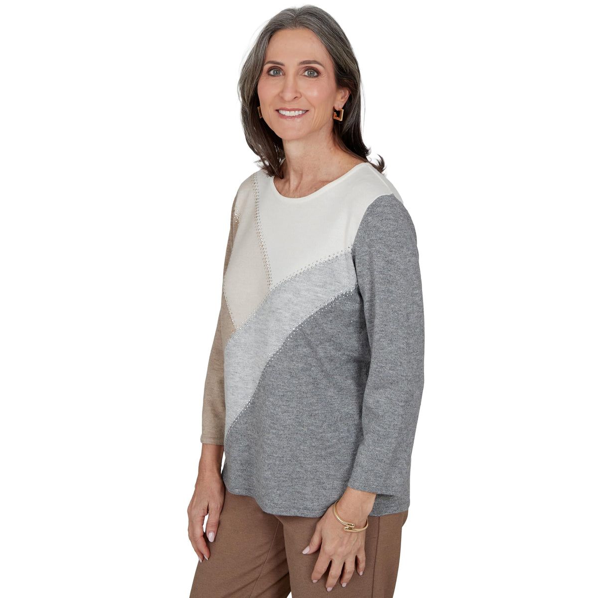 Alfred Dunner Petite Studded Colorblock Sweater, Grey, PM