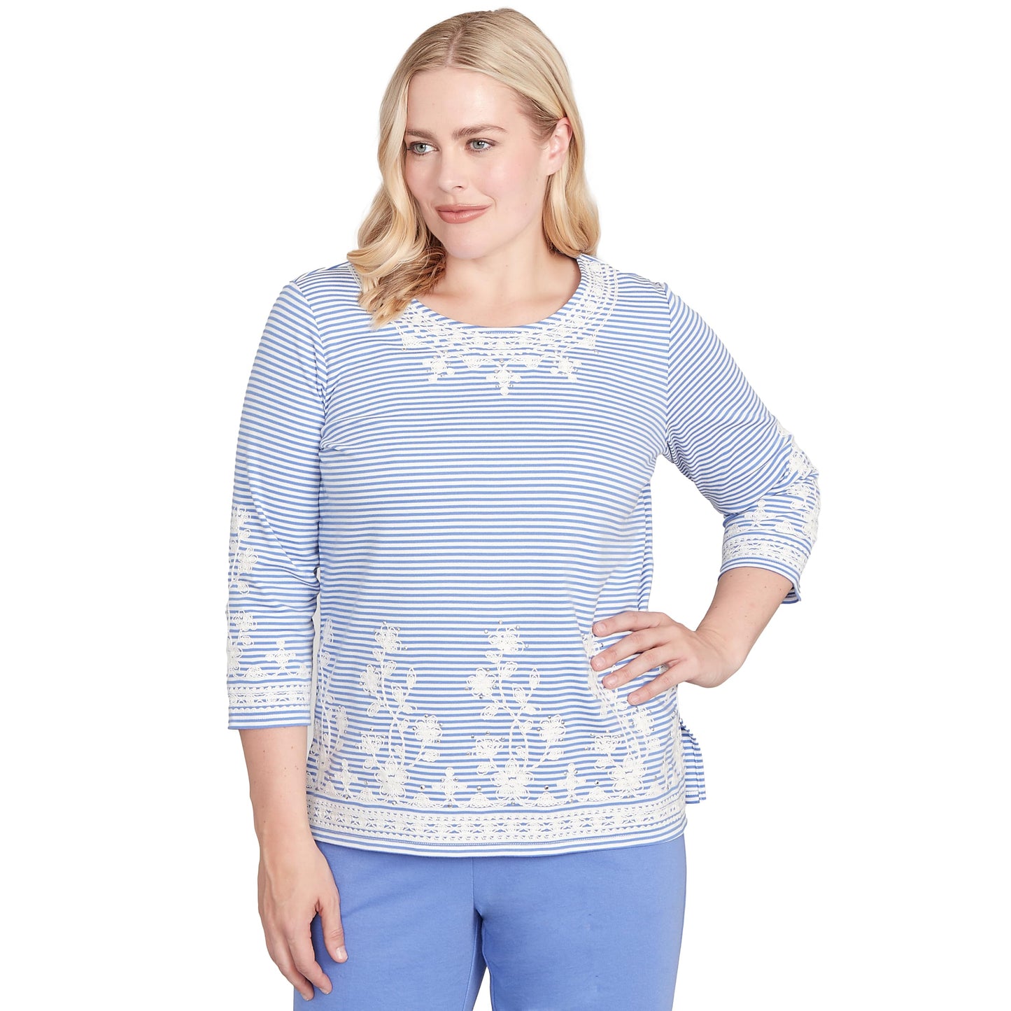 Alfred Dunner Women's Embellished Striped Crew Neck Top Size M Iris