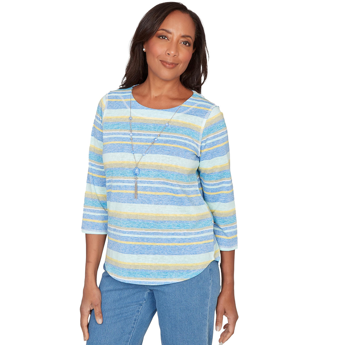 Alfred Dunner Women's Coastal Striped Top with Necklace, Size S, Blue